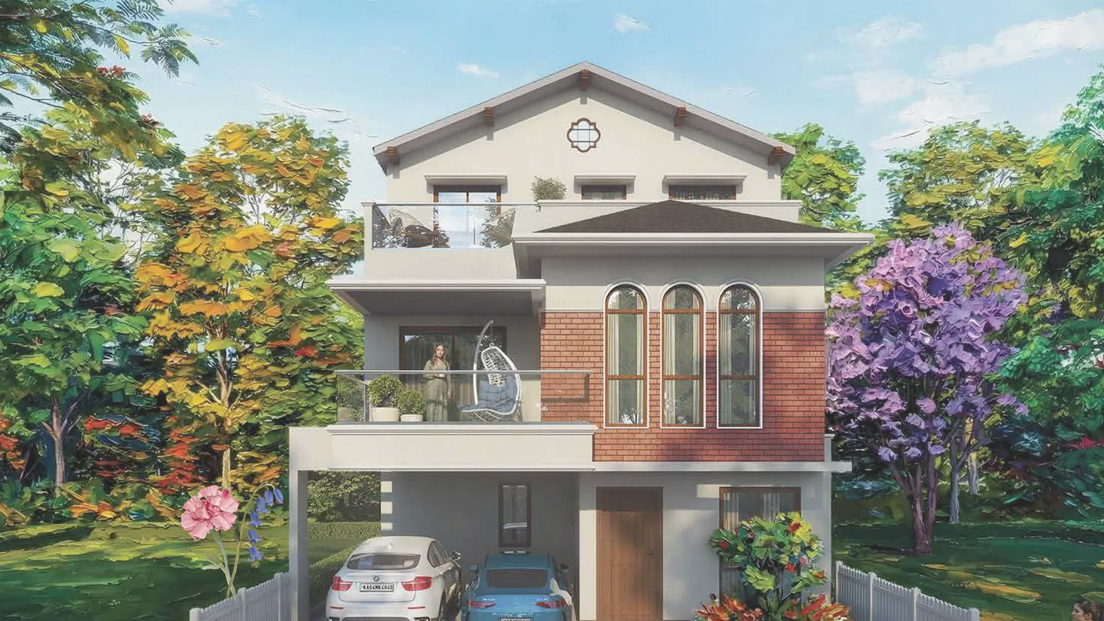 Artistic impression of the Carnation 4 BHK villa elevation with carnation and bluebell flowers