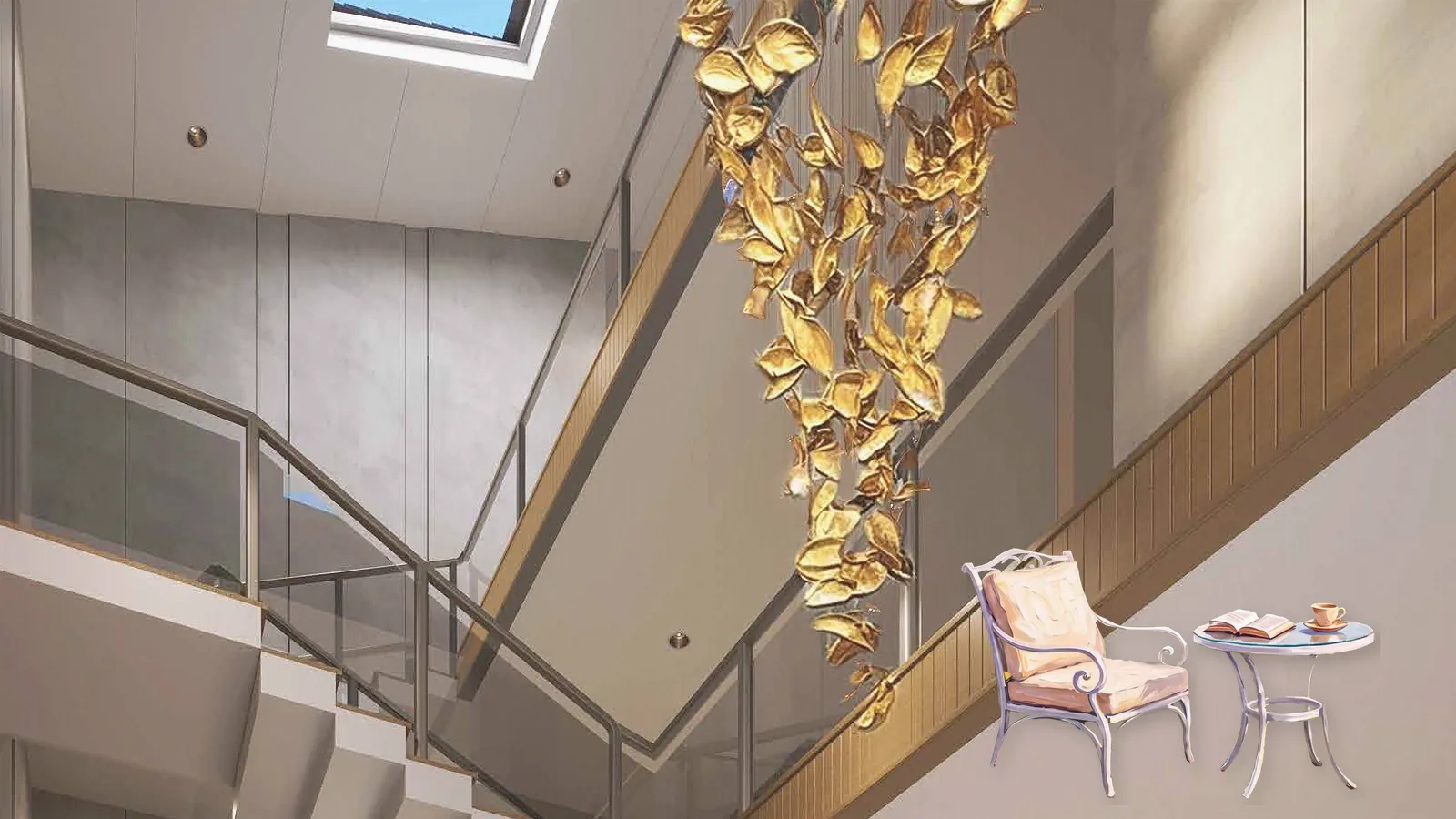 Artistic impression of a double-height living room with skylight inside a 5 BHK villa