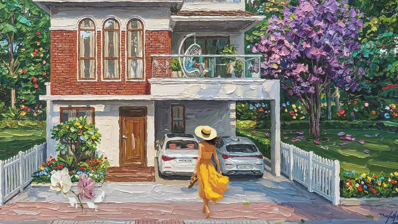 Painted impression of the Bluebell villa elevation at Whispering Hues with a woman in a yellow dress and hat