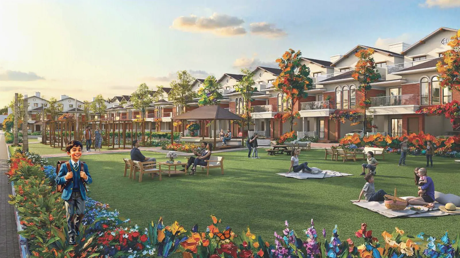 Schoolboy with a backpack on a community lawn among villas, artistic impression of family life near schools