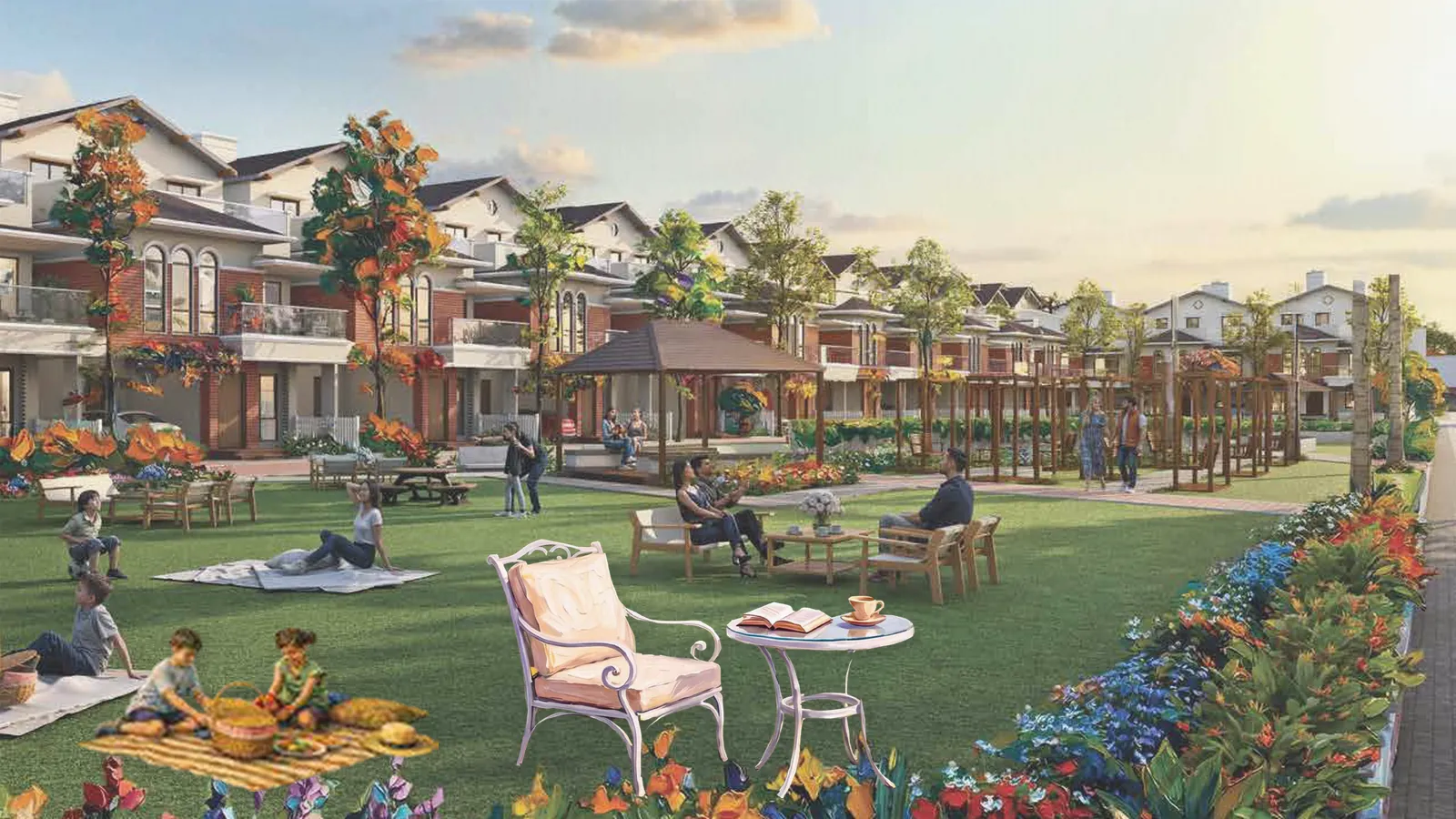 Artistic impression of a community lawn with picnic and villas behind