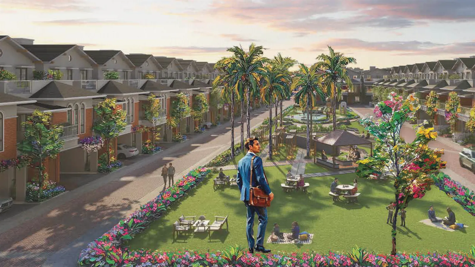 Artistic impression of villa rows at dusk with a professional commuter and a flowering tree
