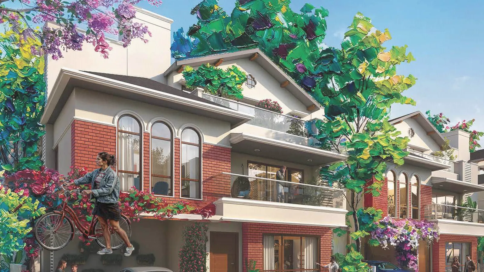 Artistic impression of a street of villa facades in a gated community in Bengaluru