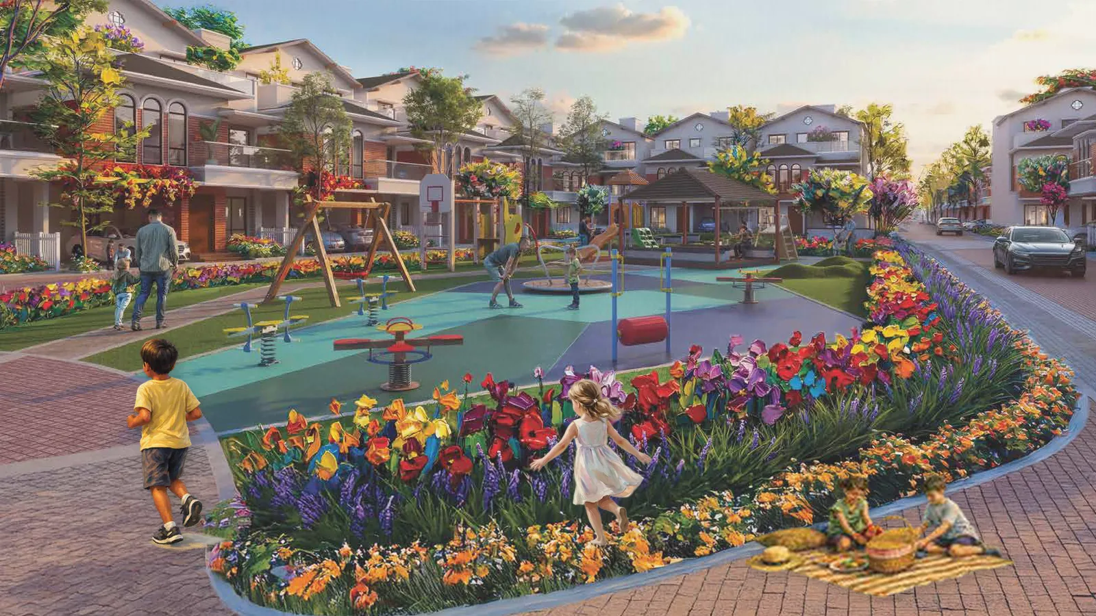 Children running and picnicking by a flower bed, artistic impression of the kids' play area planned at Whispering Hues