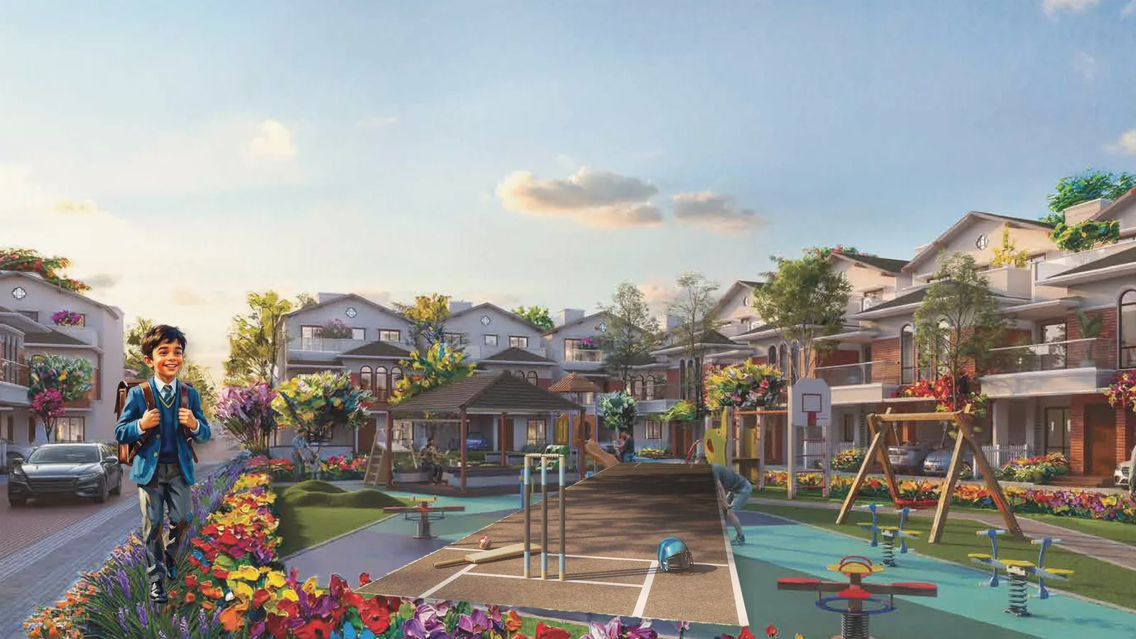 Artistic impression of a children's play area with a flower bed and a schoolboy with a cricket helmet nearby