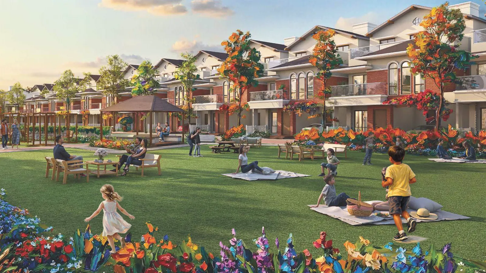 Artistic impression of a villa community lawn with a girl in a white dress and a boy in a yellow shirt running