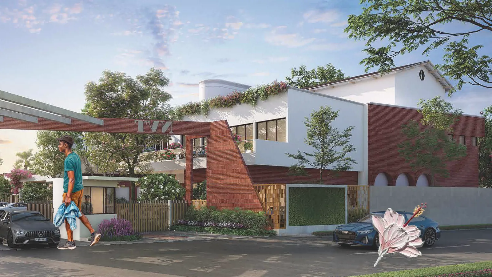 Artistic impression of the arrival plaza and entry gateway of a gated villa community