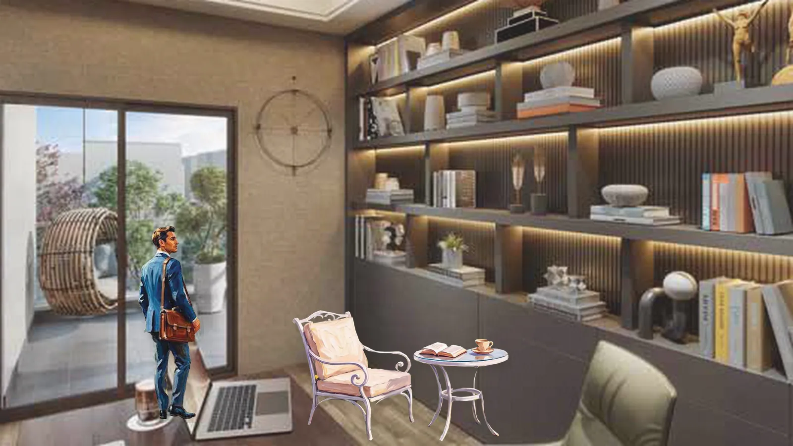 Artistic impression of a villa home study with bookshelves, a chair and a professional with a briefcase