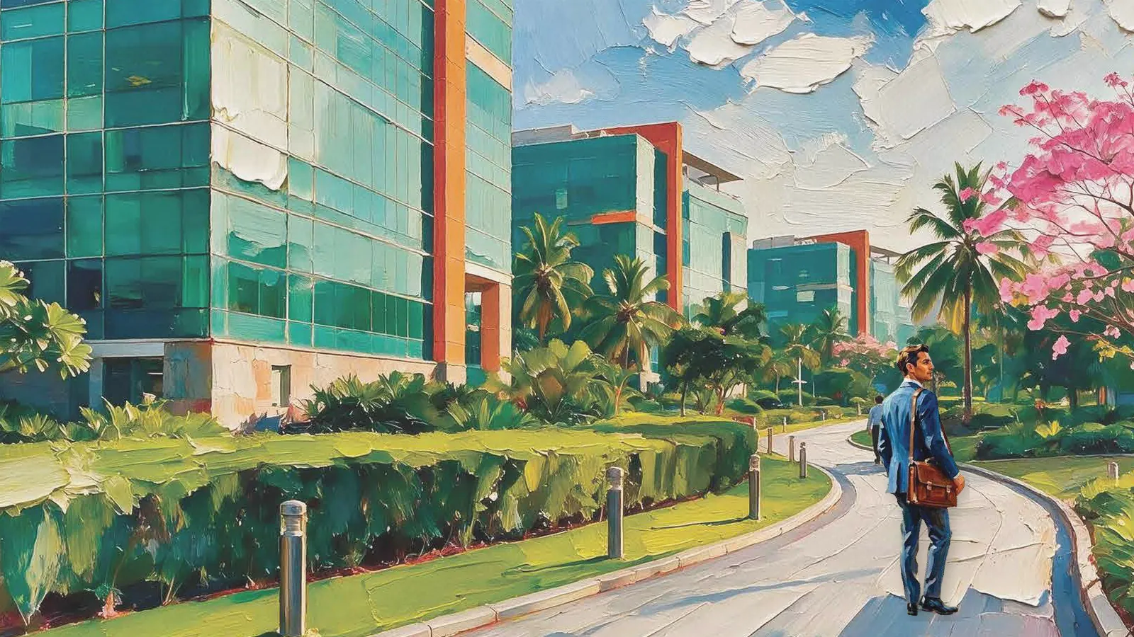 Painted impression of a Bengaluru tech park campus with a professional carrying a briefcase