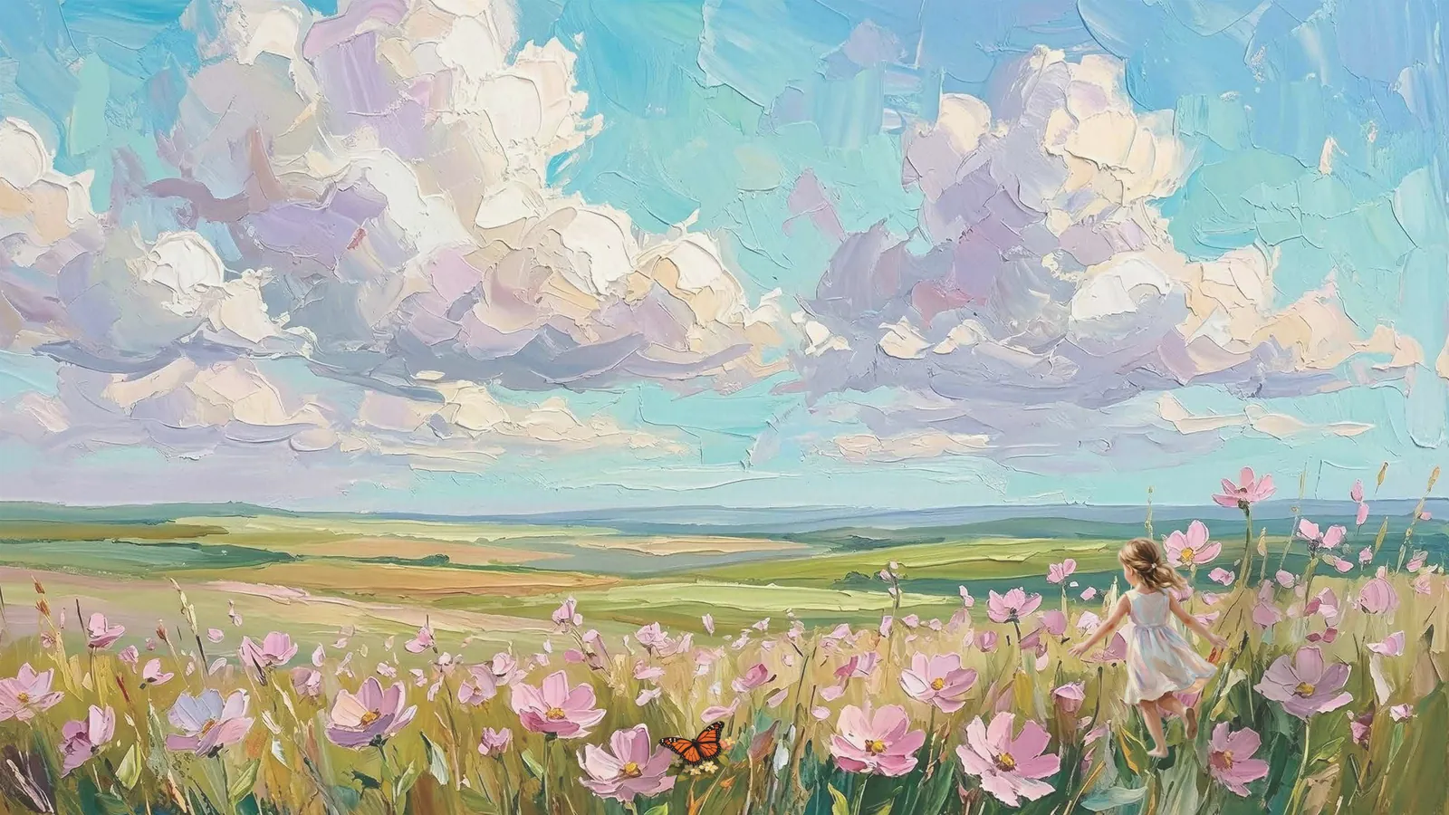 Painted meadow of cosmos flowers with a butterfly and a girl running, evoking open space near Gunjur
