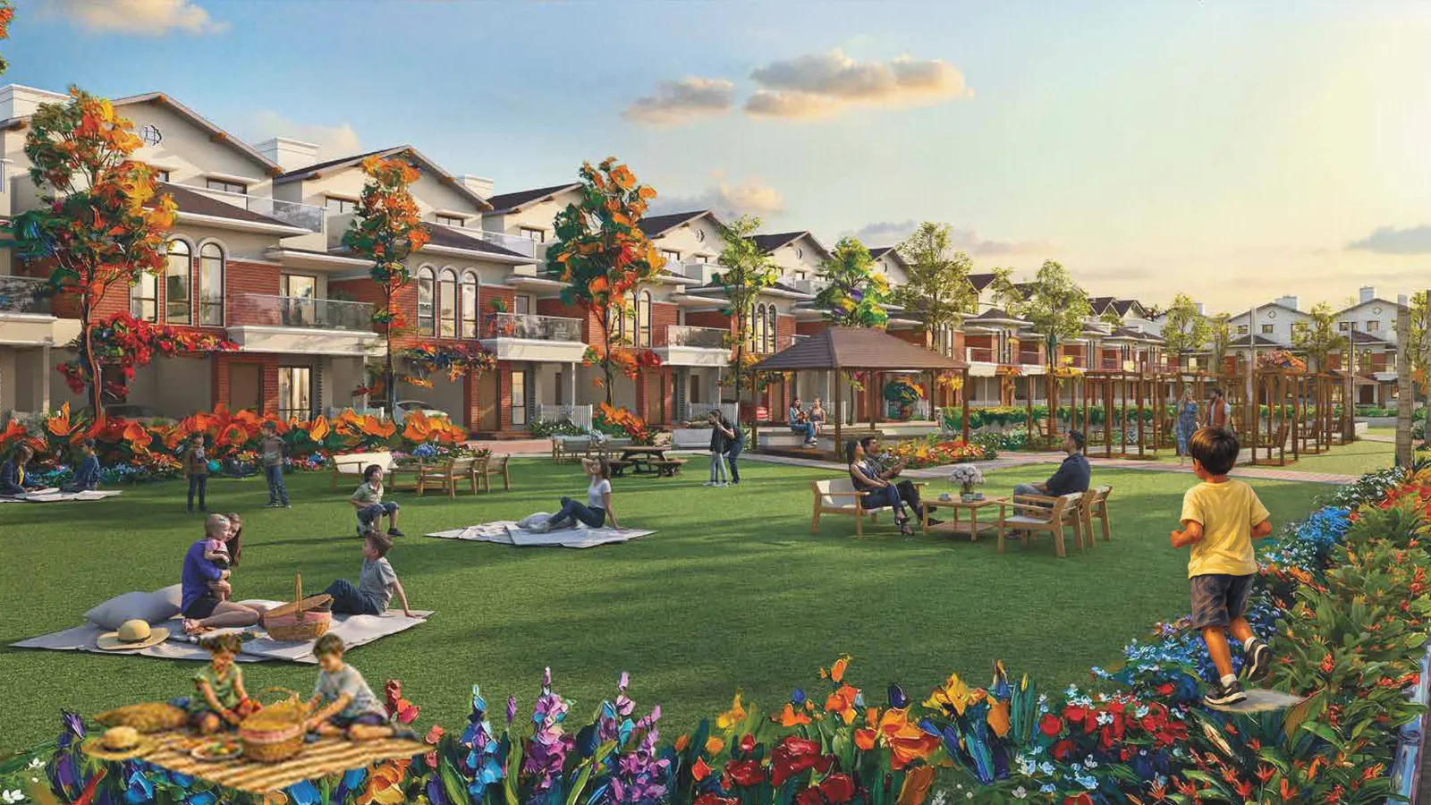 Artistic impression of children and a picnic on a community lawn with villas behind