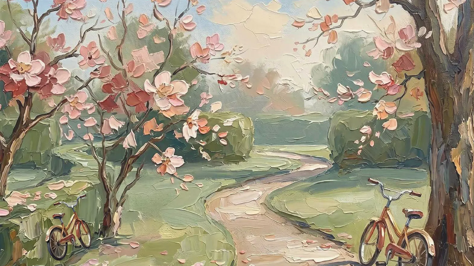 Painted blossom tree beside a path with a vintage bicycle, suggesting a calmer life near Whitefield