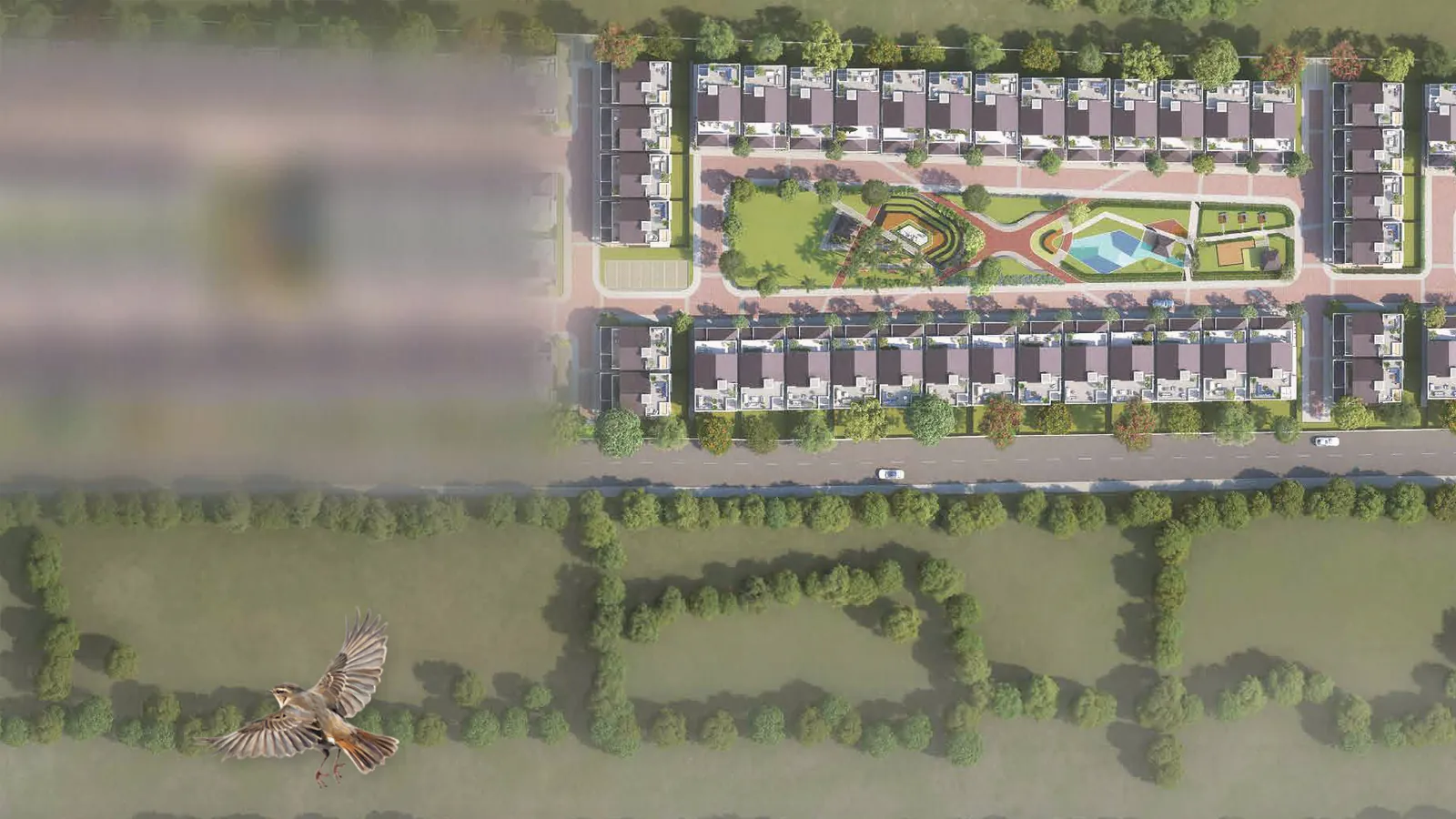 Blurred aerial view of a villa community site master plan showing plots and green spaces