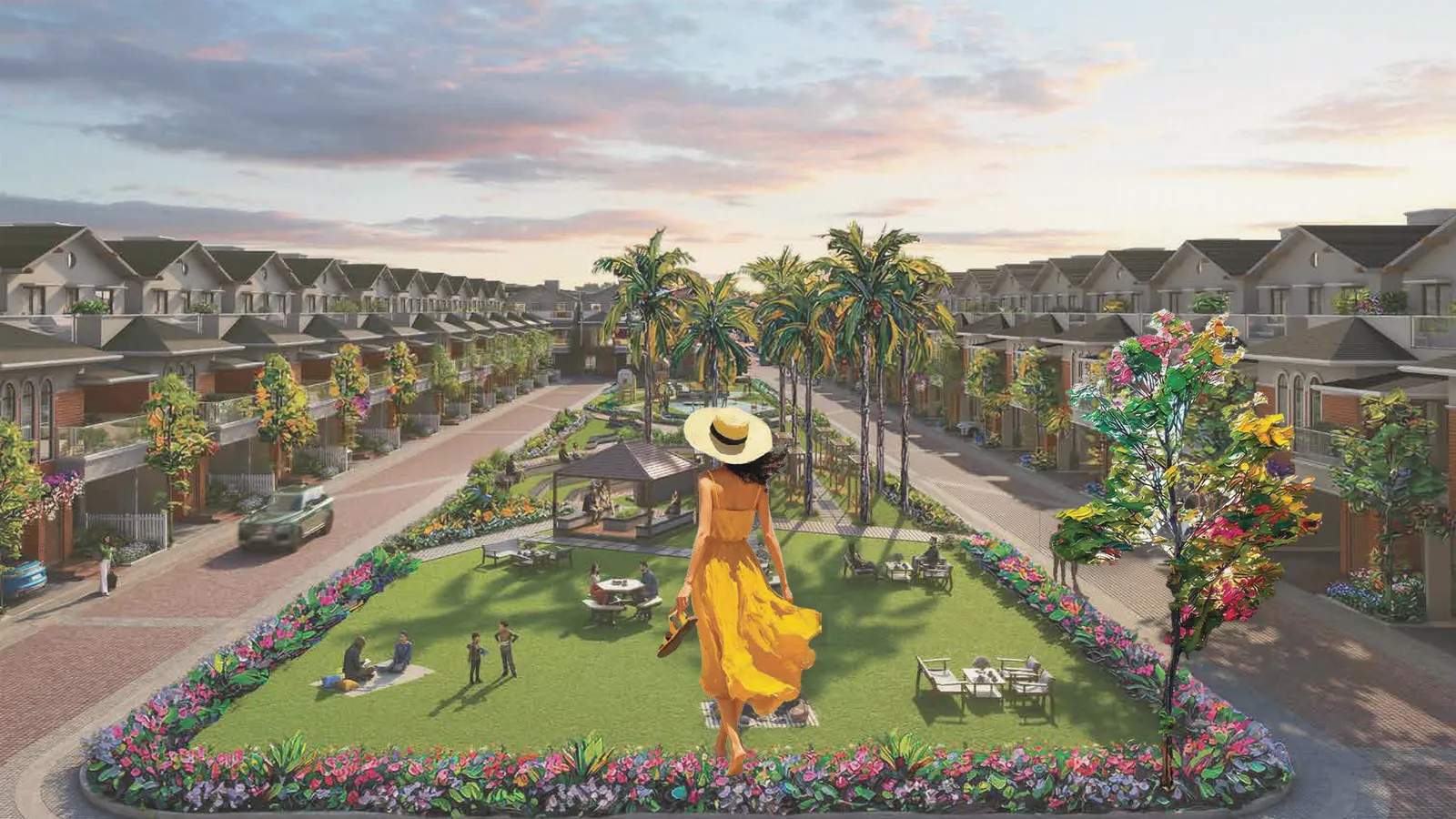 Artistic impression of villa rows around a central park at dusk in a gated East Bengaluru community