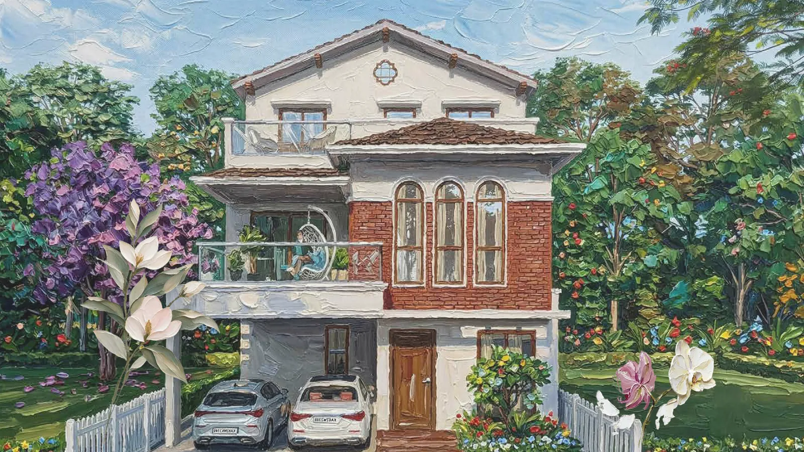 Painting of a three-storey Bluebell villa elevation with flowering branches in the foreground