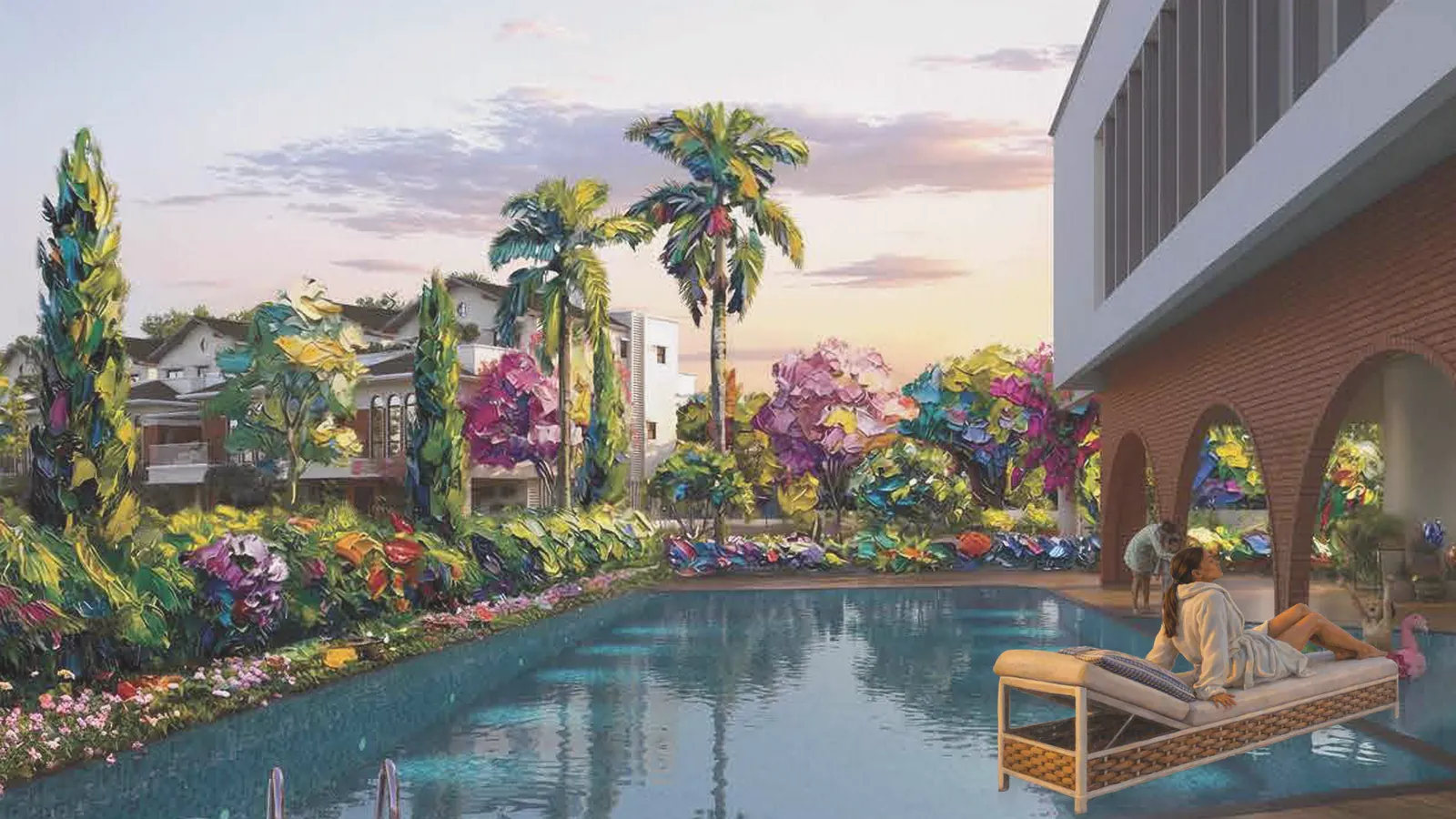 Artistic impression of the planned Whispering Hues clubhouse swimming pool with a woman on a lounger