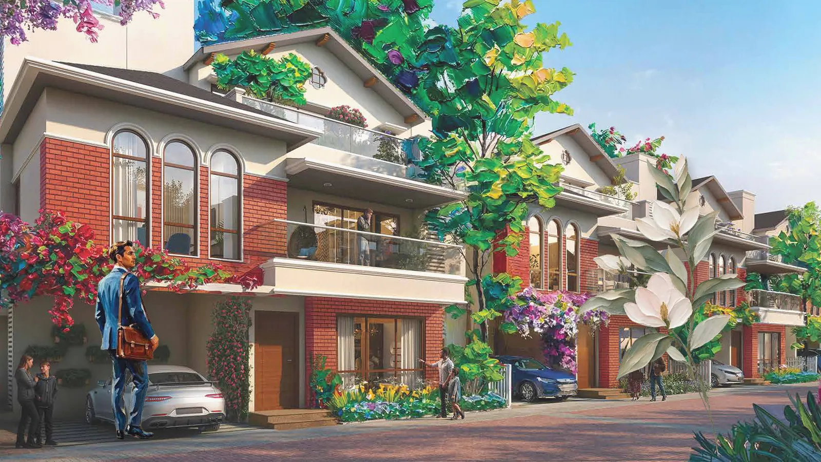 Artistic impression of a street of new villa facades in a gated community