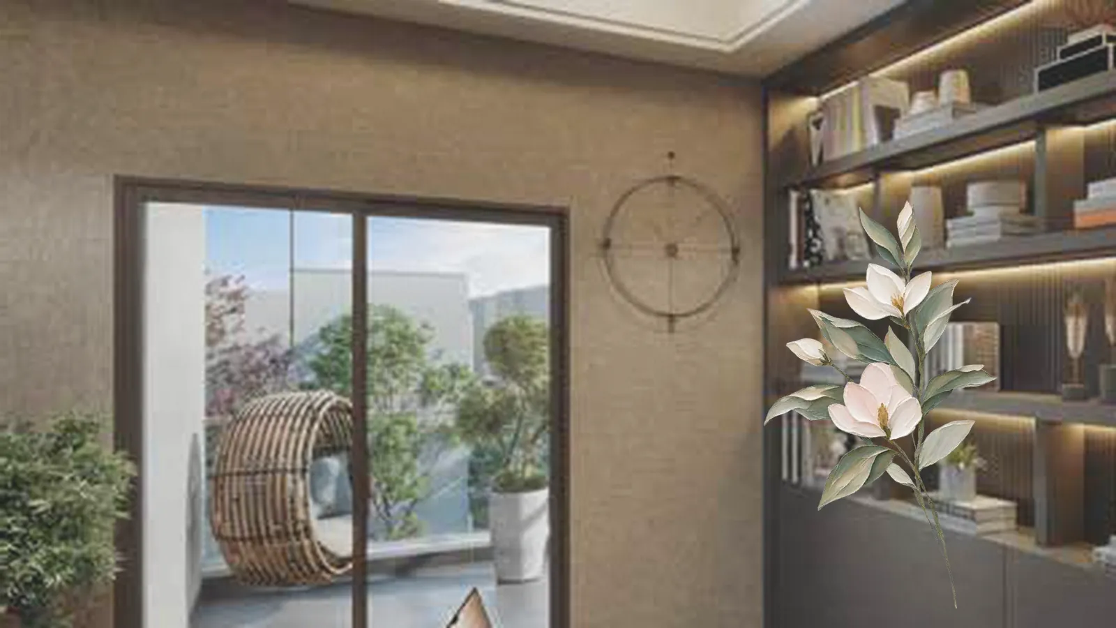 Artistic impression of a home study with bookshelves in a Whispering Hues villa, evoking reading the project brochure
