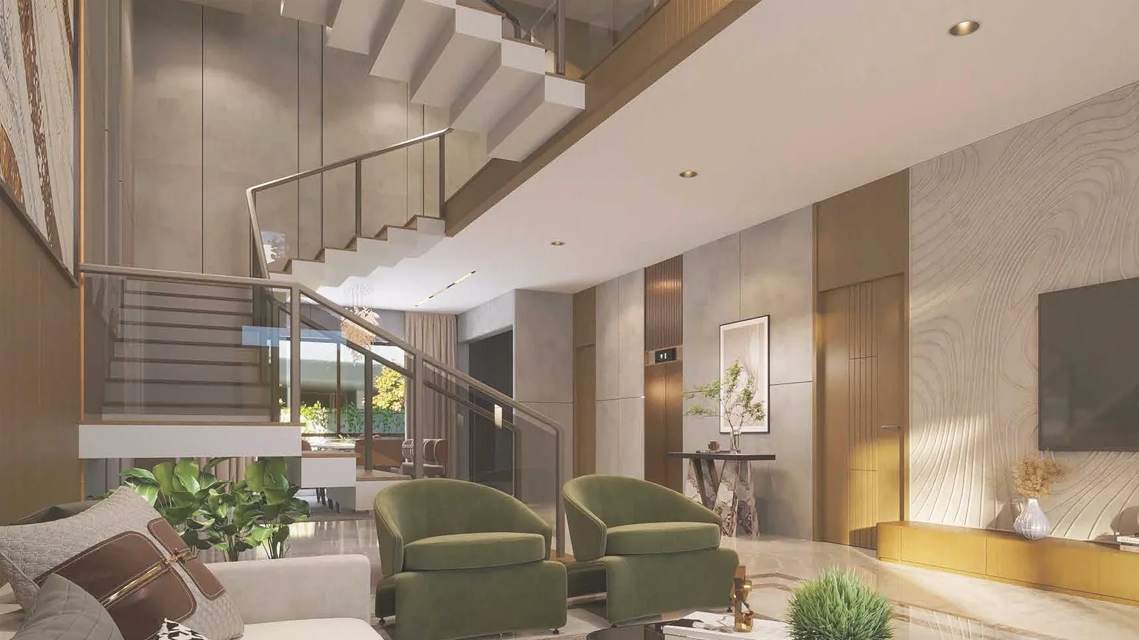 Artistic impression of a staircase and empty hall inside a villa at NVT Whispering Hues