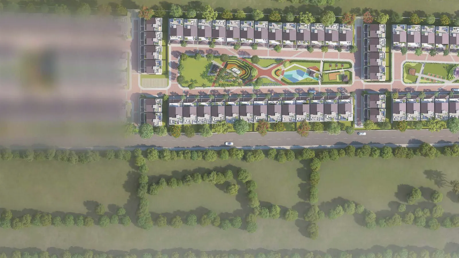 Artistic impression of the aerial master plan of NVT Whispering Hues showing villa rows and central greens