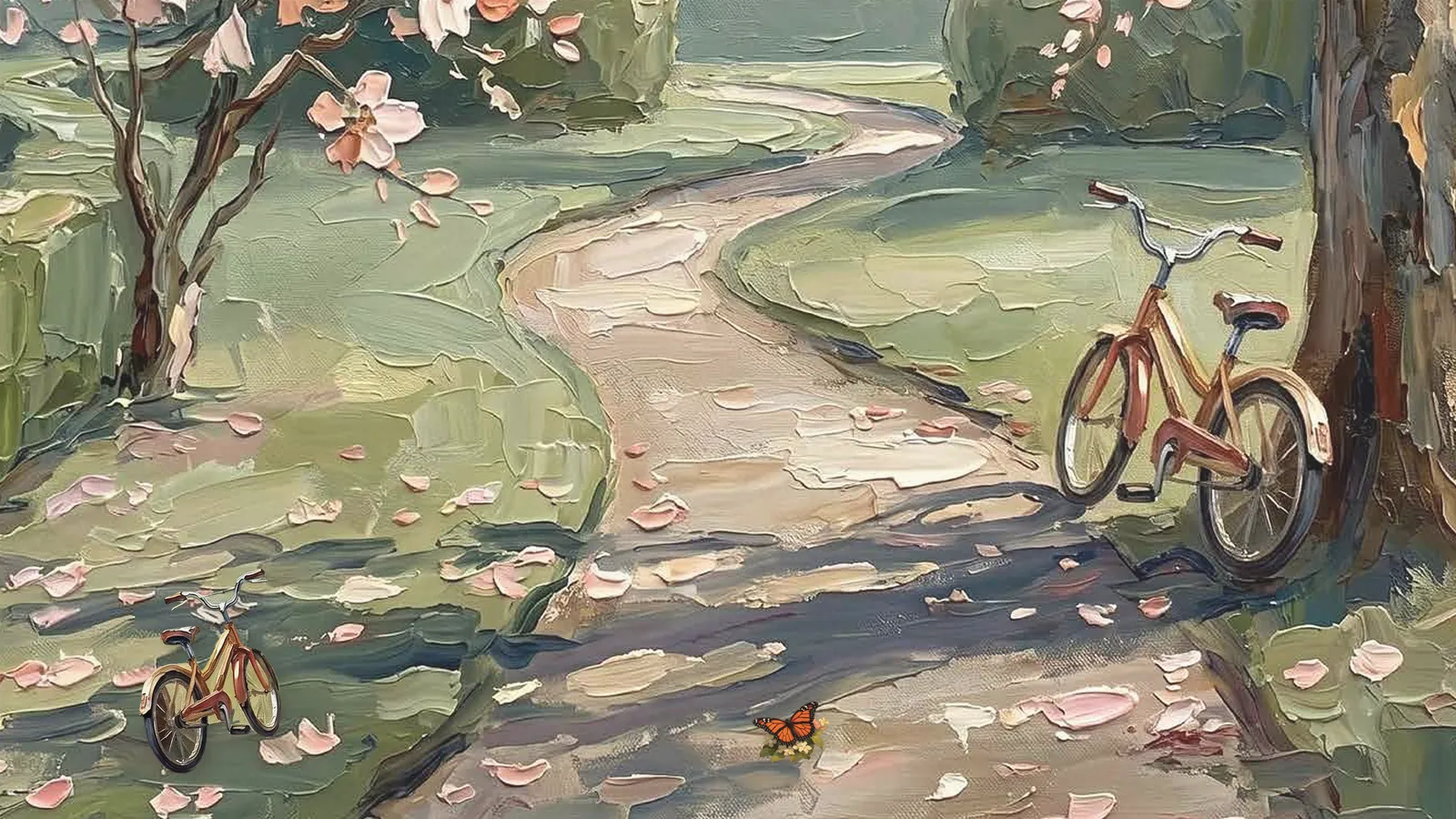 Painting of a blossom tree, a path and a vintage bicycle, suggesting the road to moving into a Whispering Hues villa