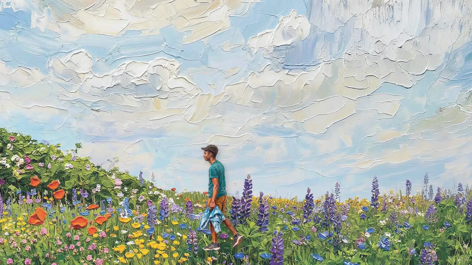 Artistic impression of a man walking along a wildflower path, illustrating the price of a villa at NVT Whispering Hues