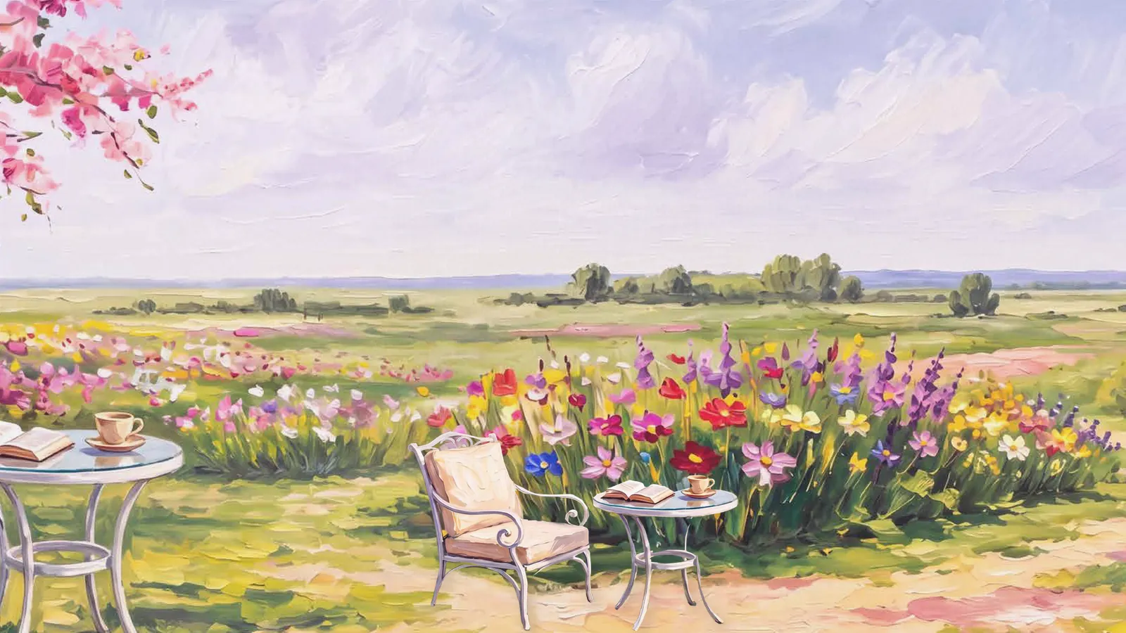 Painting of a blossom tree and a chair in a meadow, evoking a calm, careful buying decision at NVT Whispering Hues