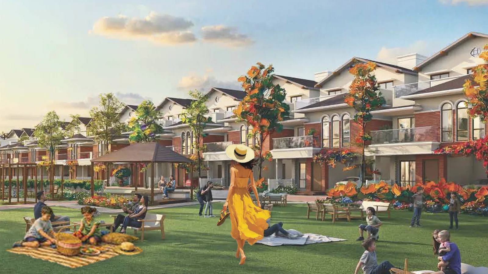 Artistic impression of a community lawn with a picnic and villas at NVT Whispering Hues