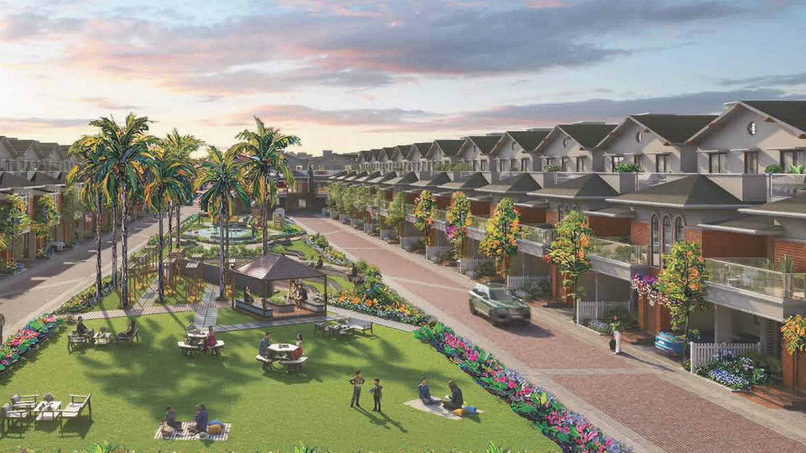 Artistic impression of villa rows around a central park at dusk in NVT Whispering Hues