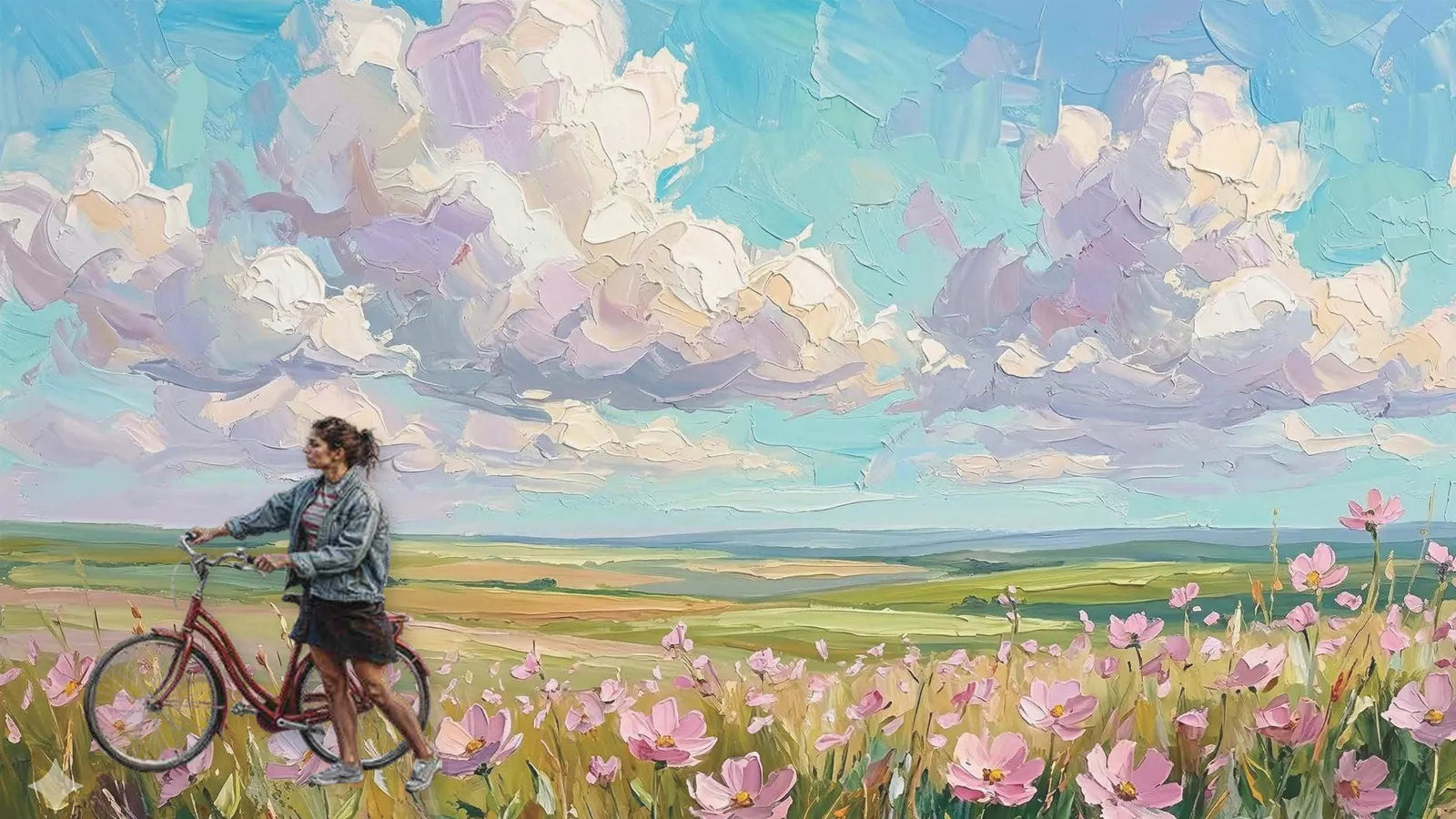 Painting of a meadow with cosmos flowers and a woman with a bicycle, suggesting an unhurried comparison of villa projects