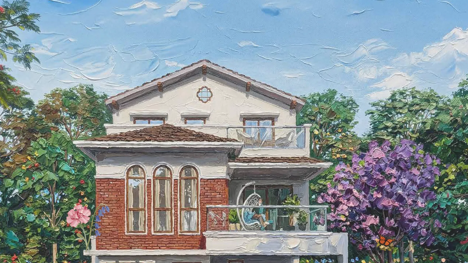Artistic impression of a Bluebell villa elevation with carnation and bluebell flowers at NVT Whispering Hues