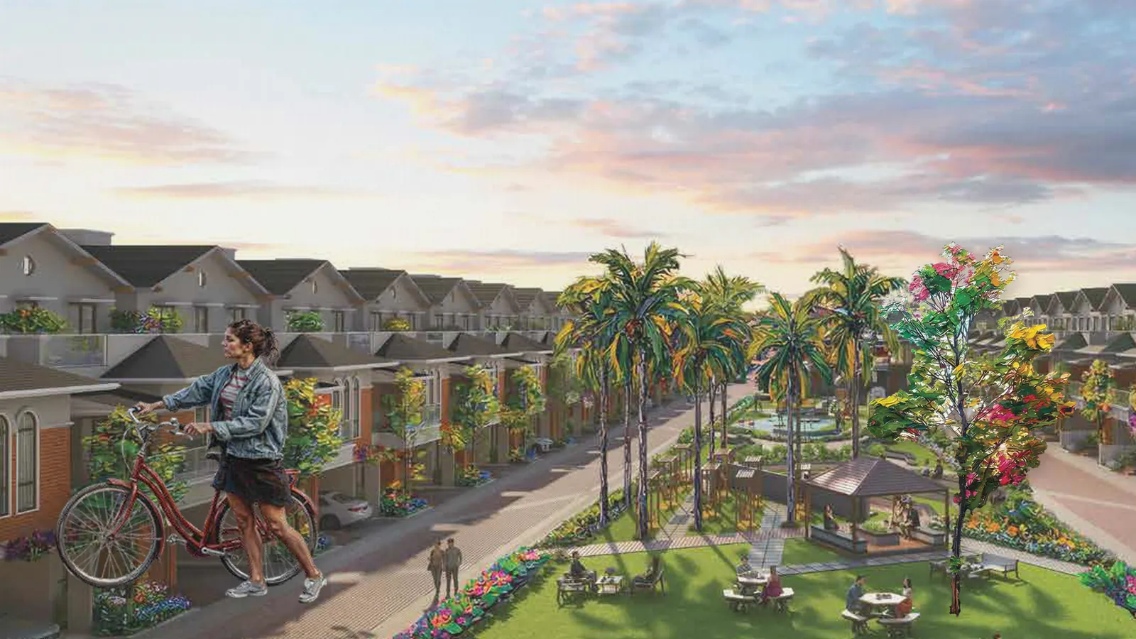 Artistic impression of villa rows around a central park at dusk in a premium Bangalore villa community