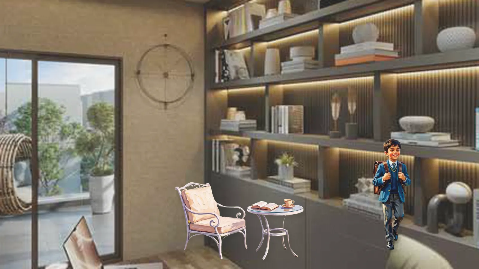 Study with bookshelves, a chair and a schoolboy with a backpack, artistic impression of preparing for school admission