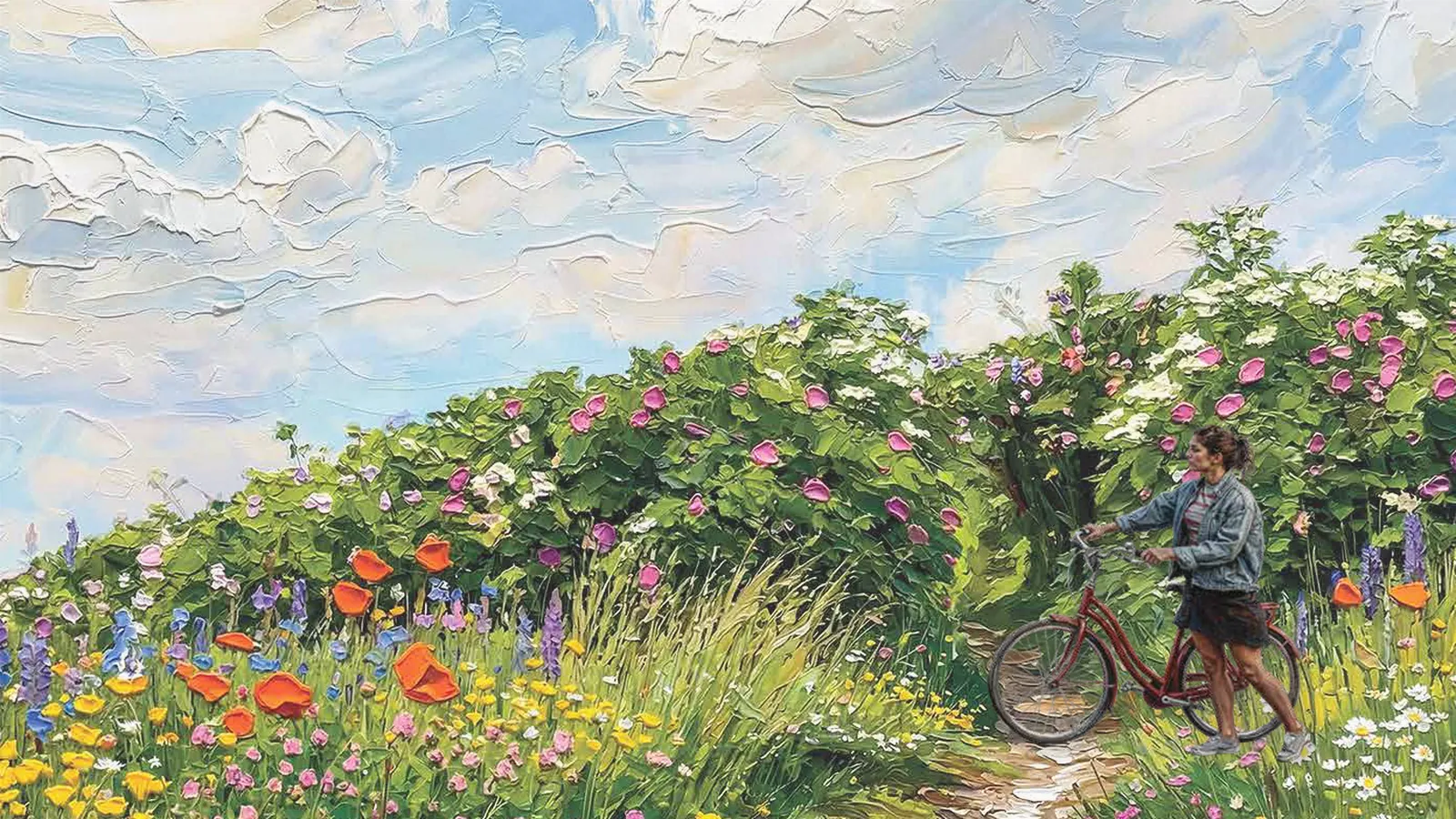 Painting of a wildflower meadow path with a woman wheeling a bicycle in the foreground