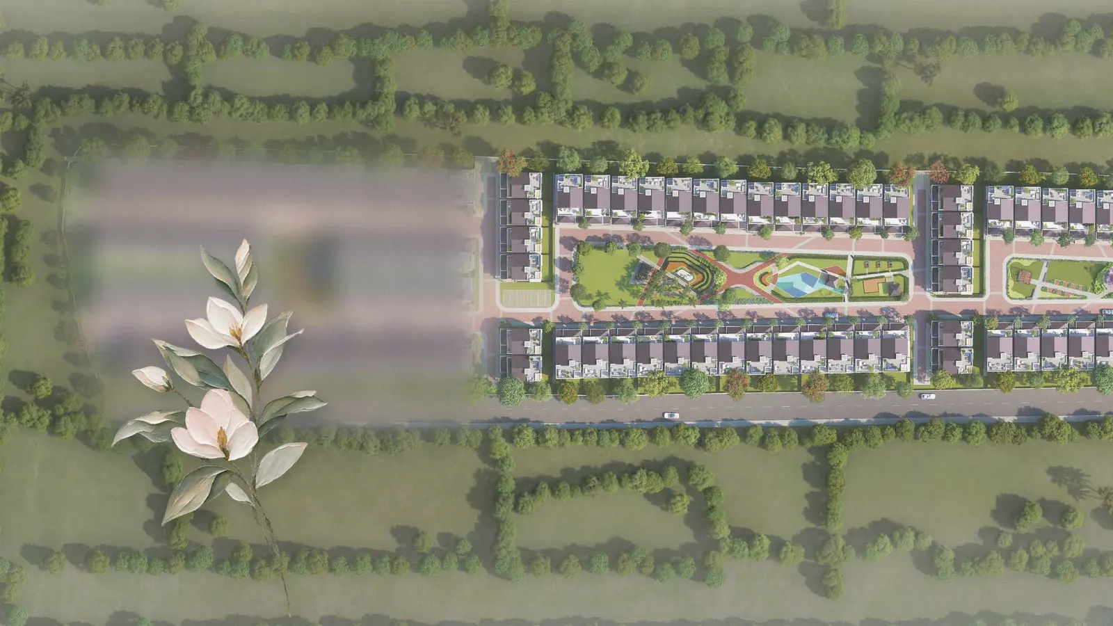 Blurred aerial view of a villa community master plan with a white magnolia branch in the foreground