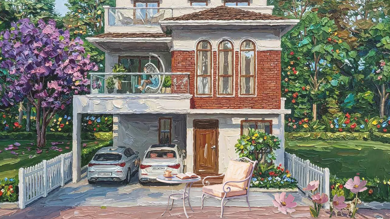 Painted elevation of a Bluebell villa with a garden chair and cosmos flowers in the foreground