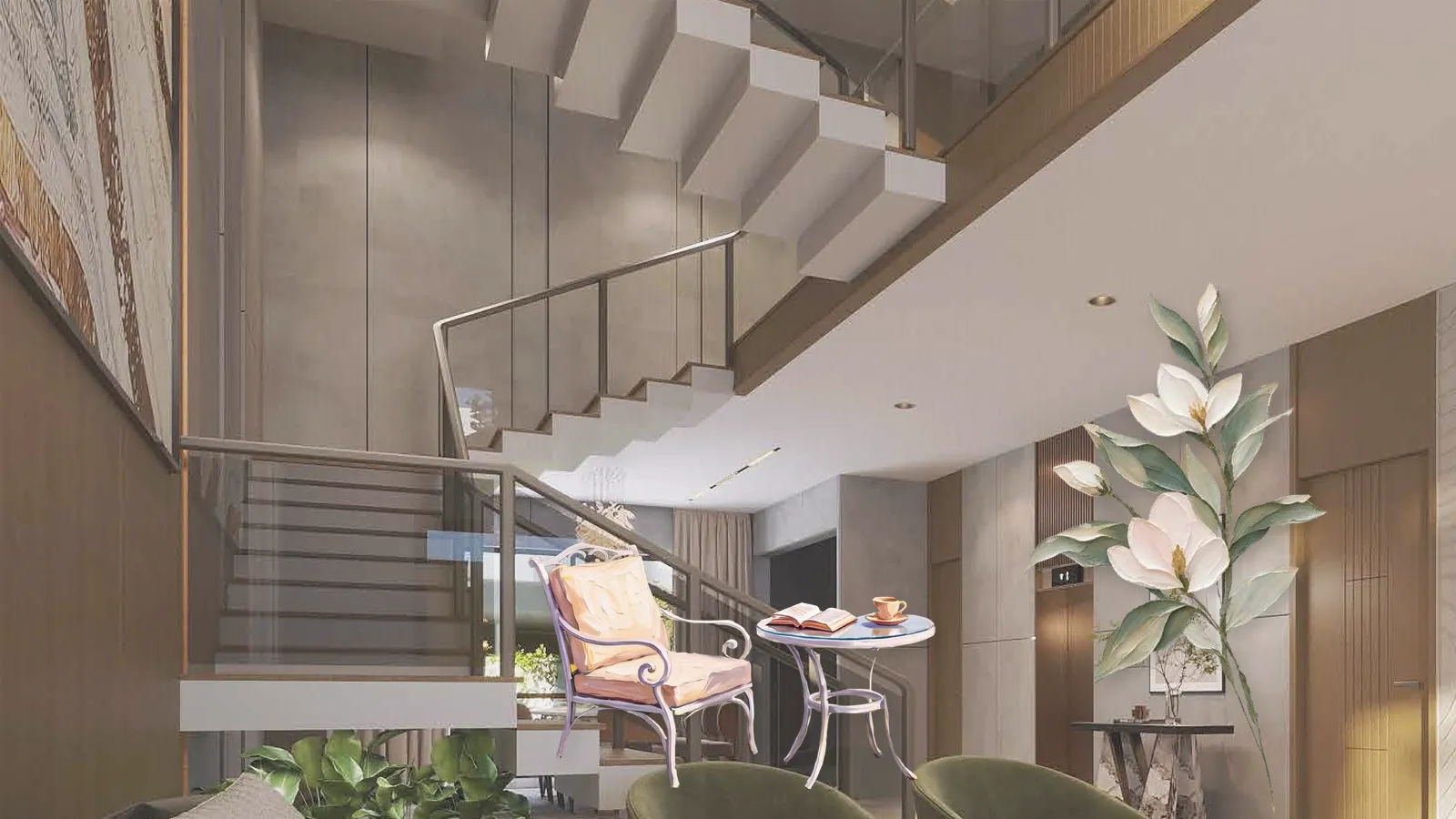Artistic impression of an empty villa interior hall with a staircase and a white and pink orchid in the foreground