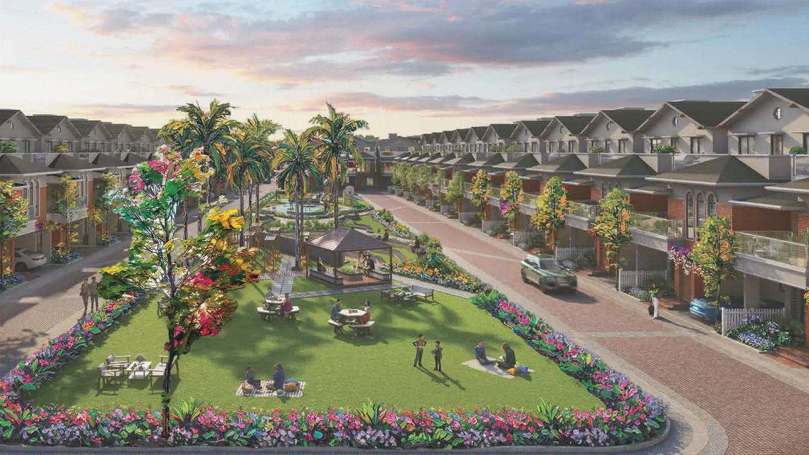 Artistic impression of rows of villas around a central park at dusk with a tall flowering tree in the foreground