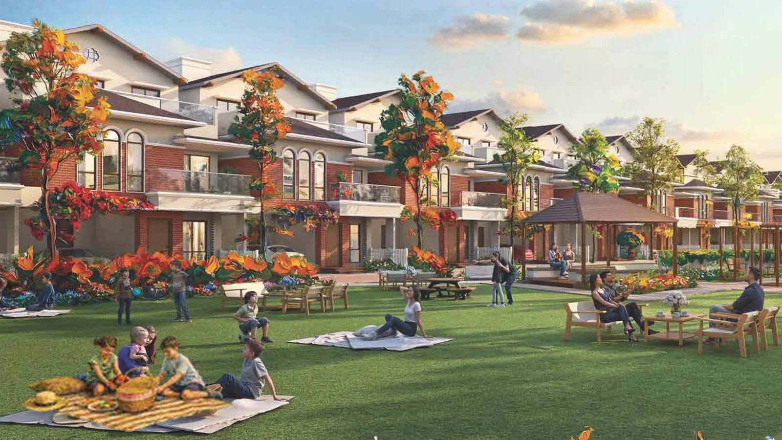 Artistic impression of a villa community lawn with a picnic basket in the foreground