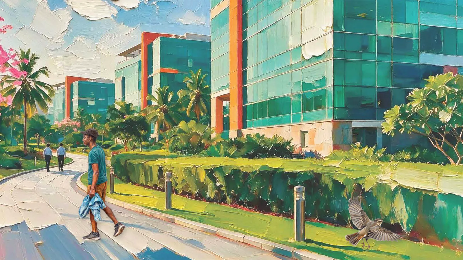 Painting of a technology park campus with a man in a teal shirt walking and a bird in flight above