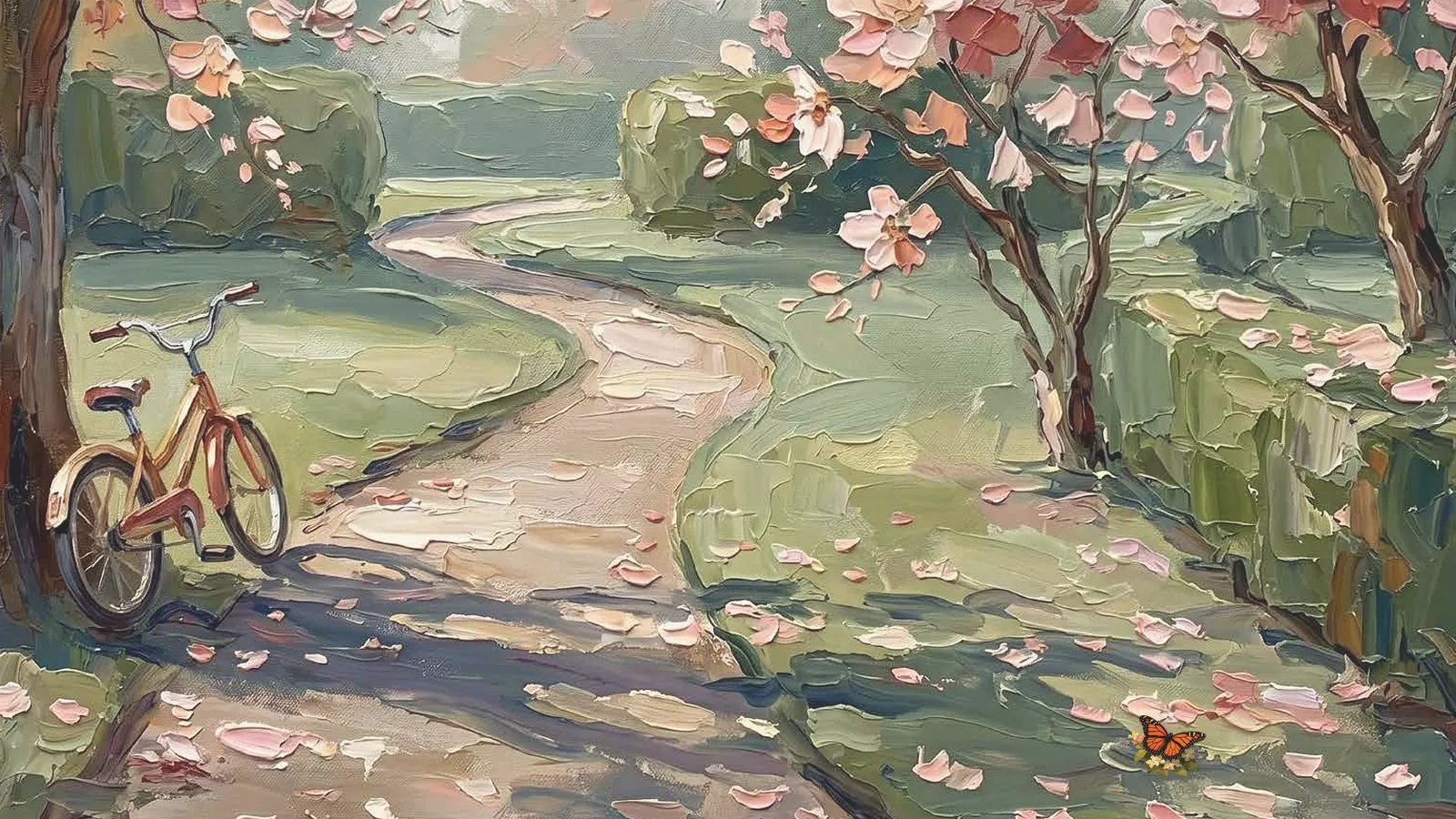 Painting of a blossom tree beside a garden path with a butterfly on flowers in the foreground