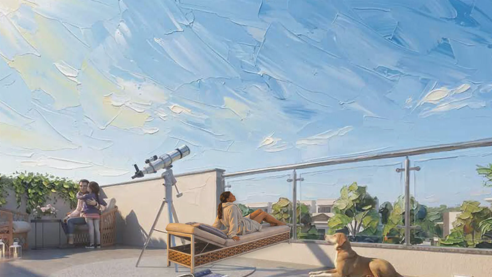 Artistic impression of a private villa terrace with a telescope, a dog and a lounger
