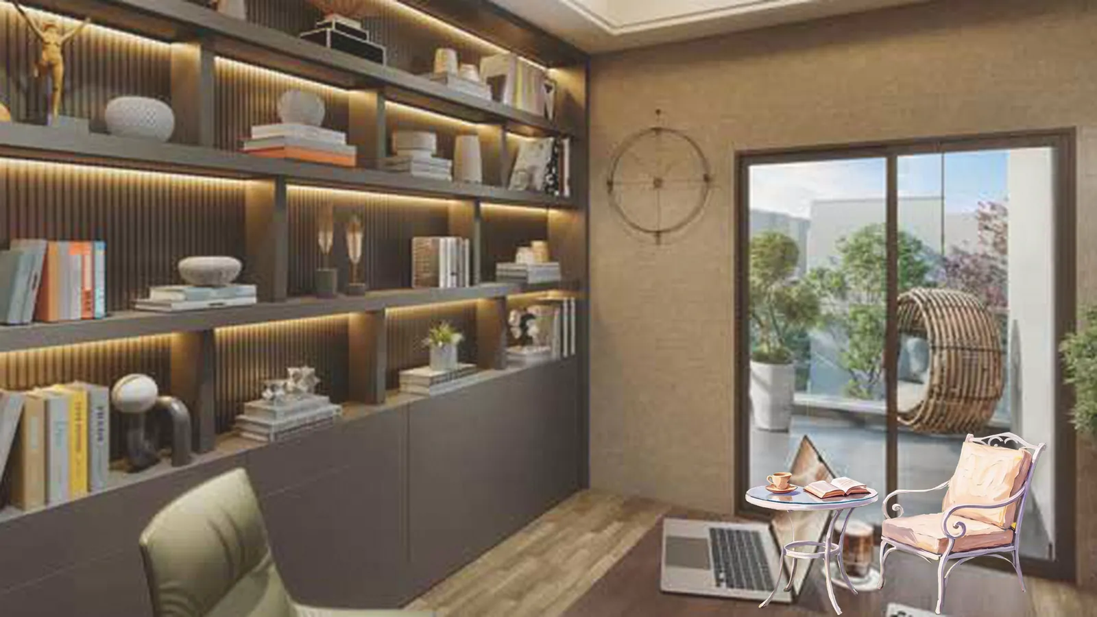 Artistic impression of a home study with bookshelves and a chair, for work from home in a villa