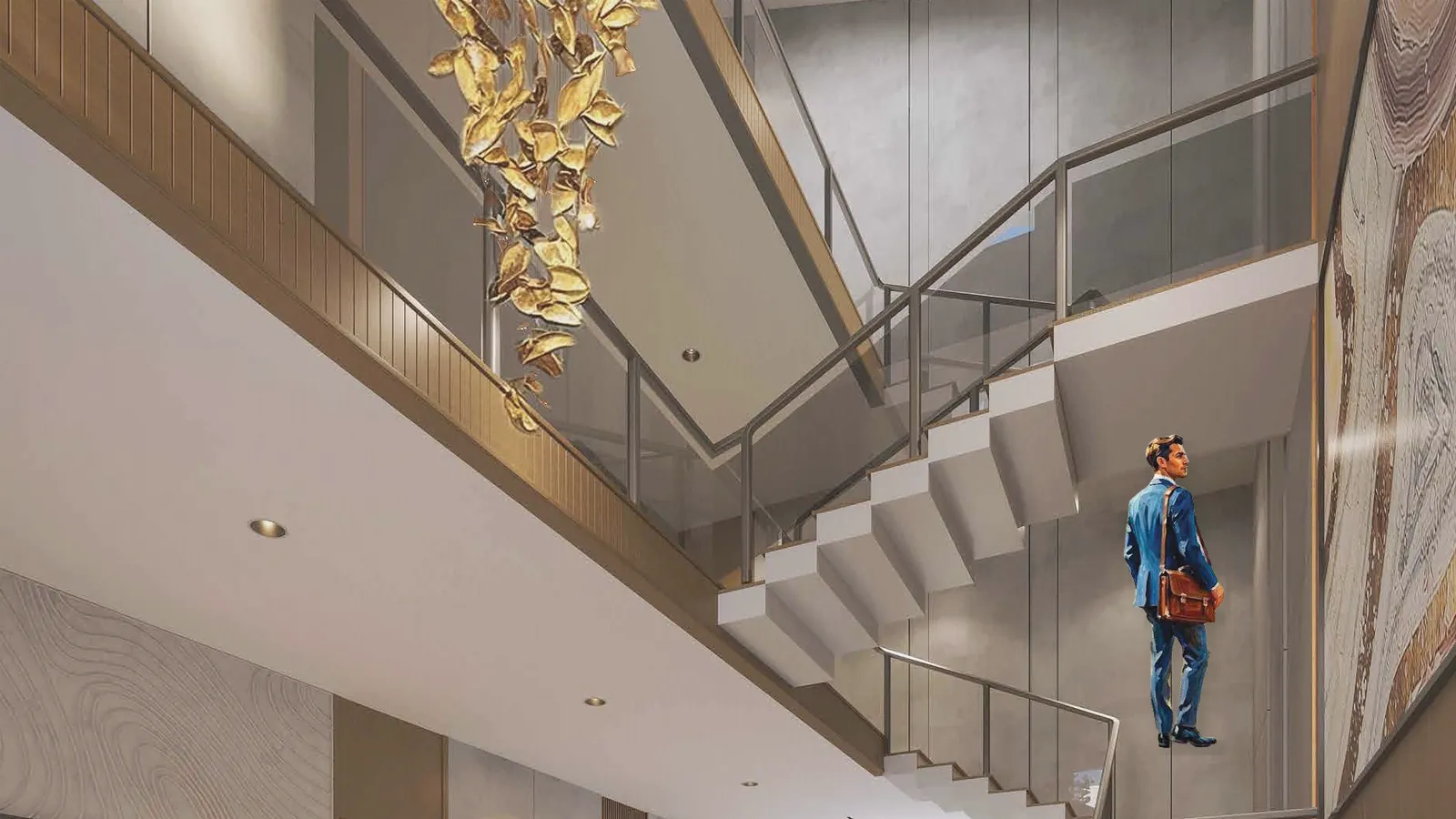 Artistic impression of a double-height living room with skylight and a professional in the foreground
