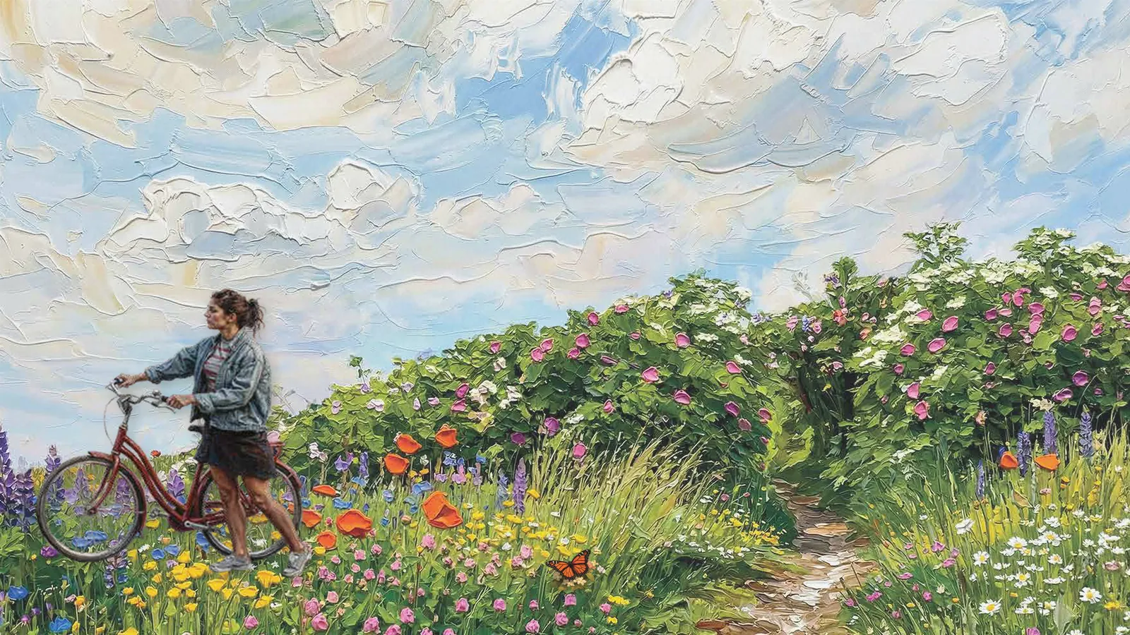 Painted meadow path with wildflowers, a woman with a bicycle and a butterfly