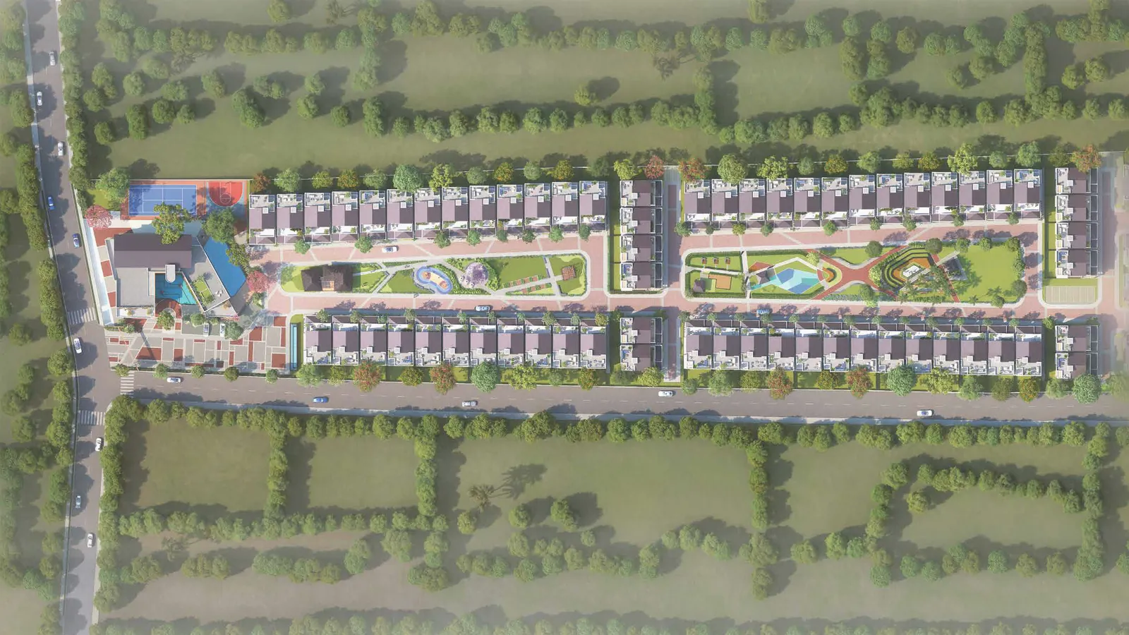 Artistic impression of the Whispering Hues villa community master plan with a walker and flowering tree