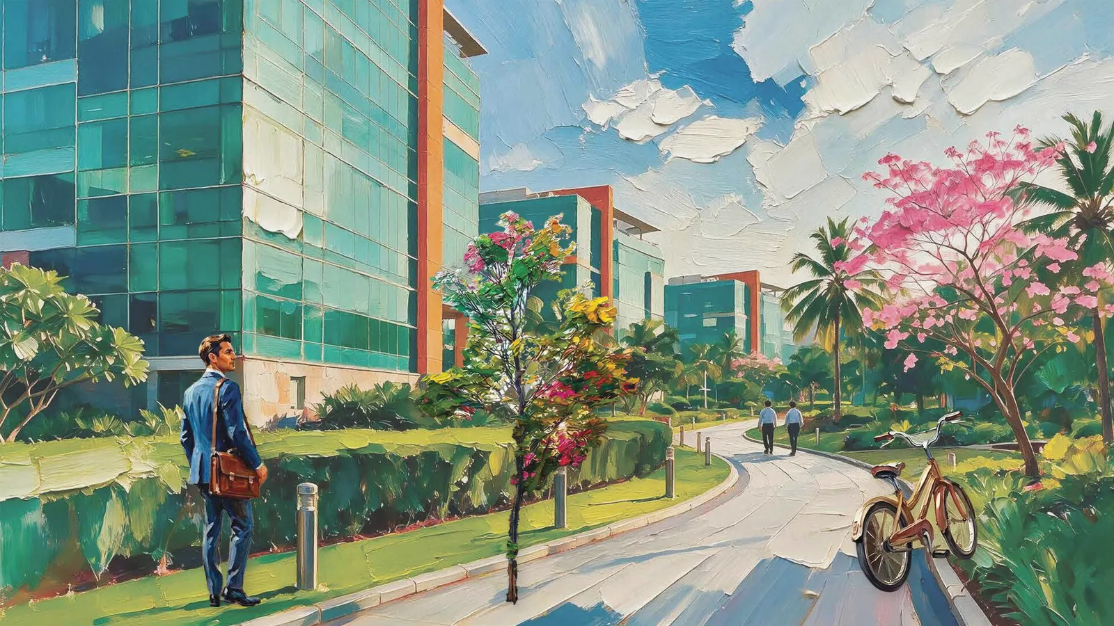 Road map base with a walking figure and a bird in flight, representing the route to Bellandur tech parks