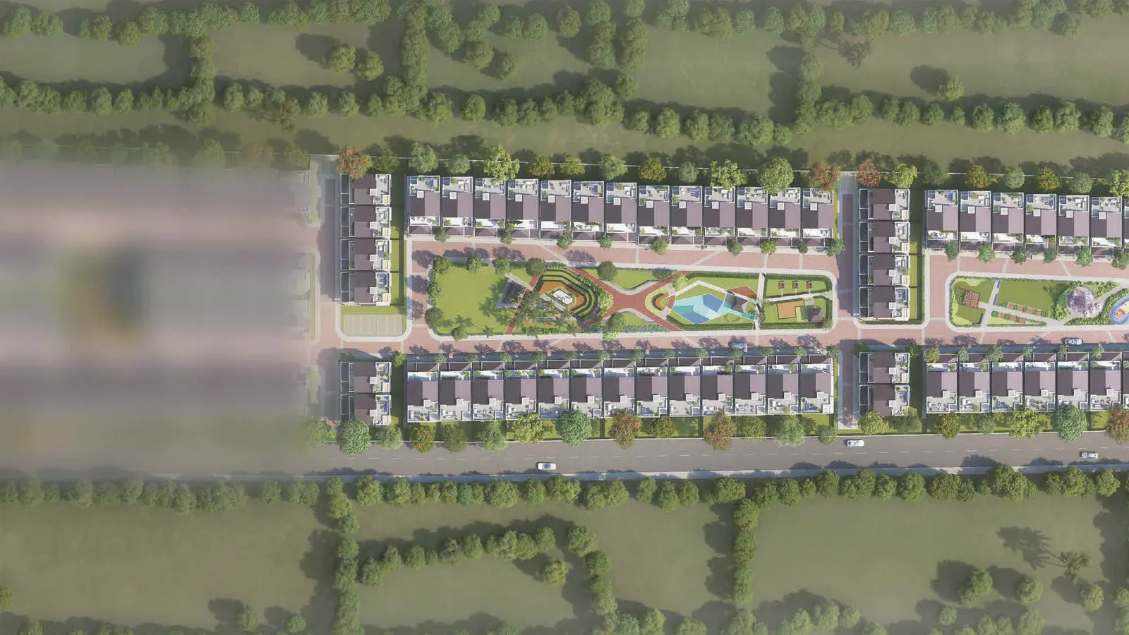 Man in a teal shirt walking over a blurred aerial plan of a villa community, artistic impression of a long journey