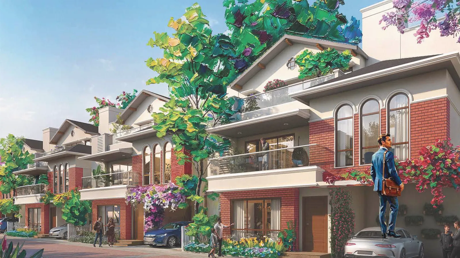 Artistic impression of villa facades on a street at NVT Whispering Hues with a professional walking home
