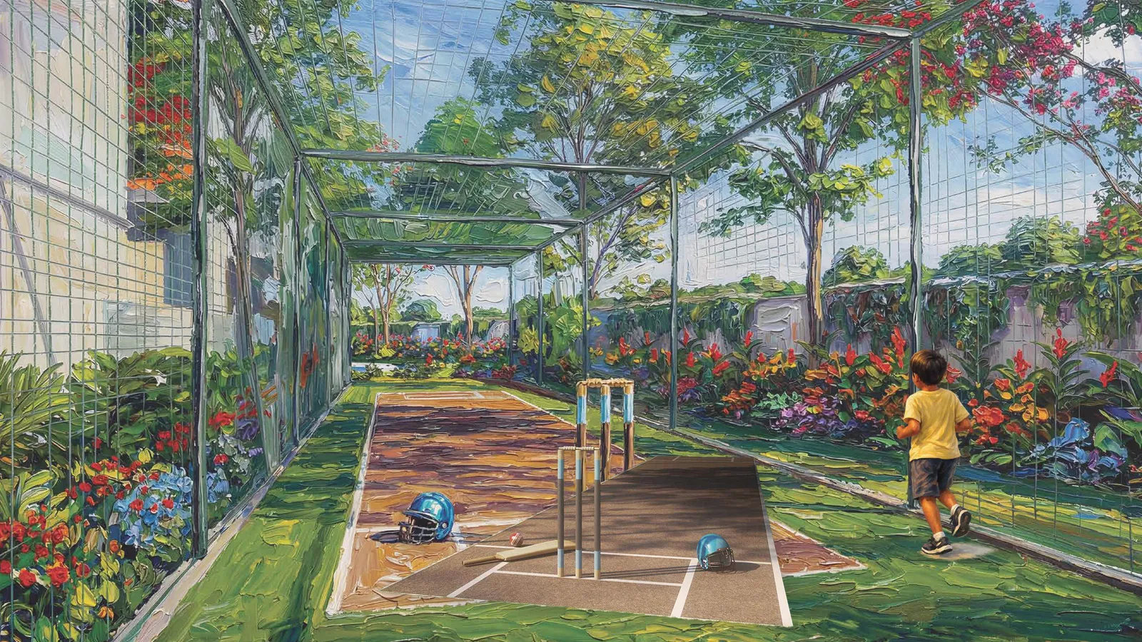 Painting of a garden cricket pitch with nets, stumps and a boy running, for sports access near Whispering Hues